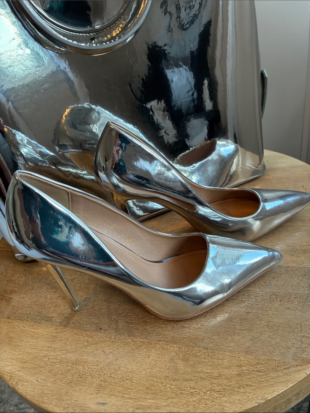 BIGTREE Metallic Silver Pointed-Toe Heels, Very Good Condition, EU 38